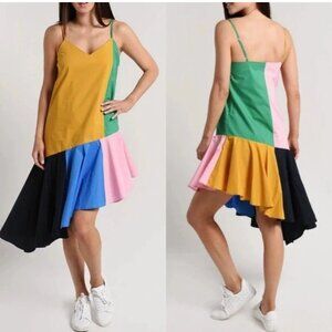 English Factory Dress Size Small Colorblock Mustard Kelly Green Asymmetric Midi